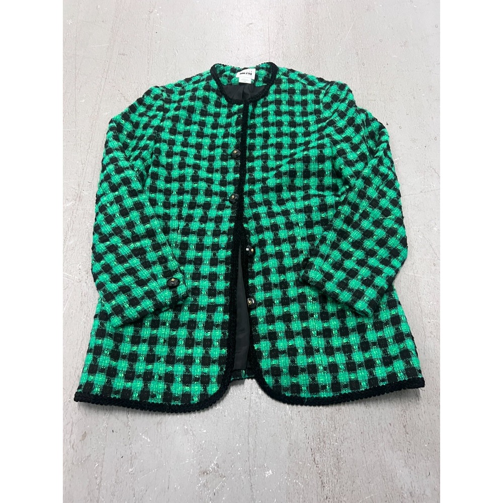 Leslie Fay Sportswear Coat Womens 12 Green Black Check Tweed Retro Parisian Chic